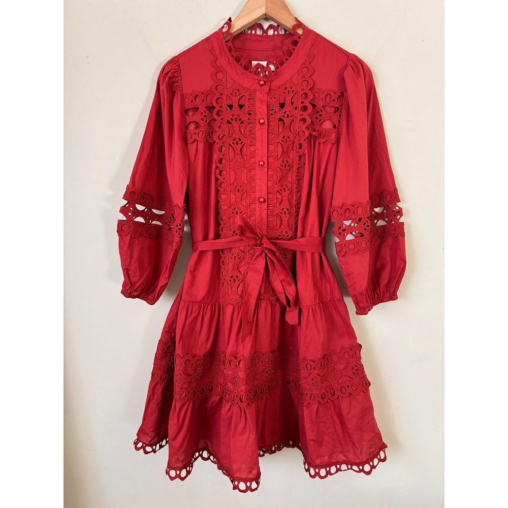 Cato Collection Limited Edition Boho Red Eyelet Lace Crochet Mini Dress Womens M